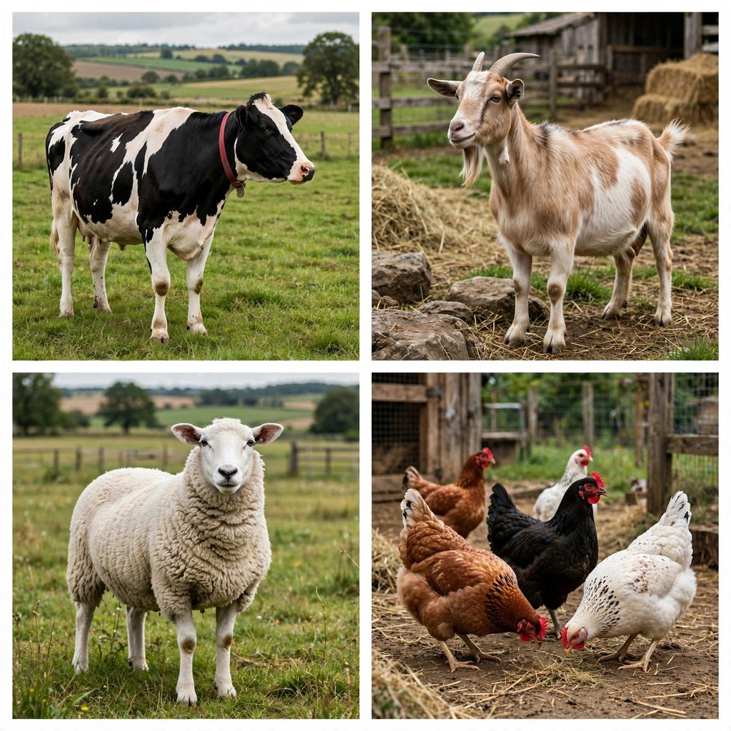 classification-of-farm-animals-grid-cow-goat-sheep-chicken