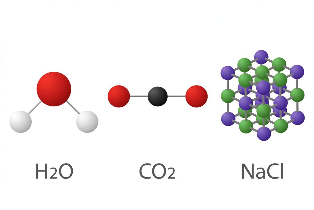 H2O CO2 NaCl compounds examples diagram