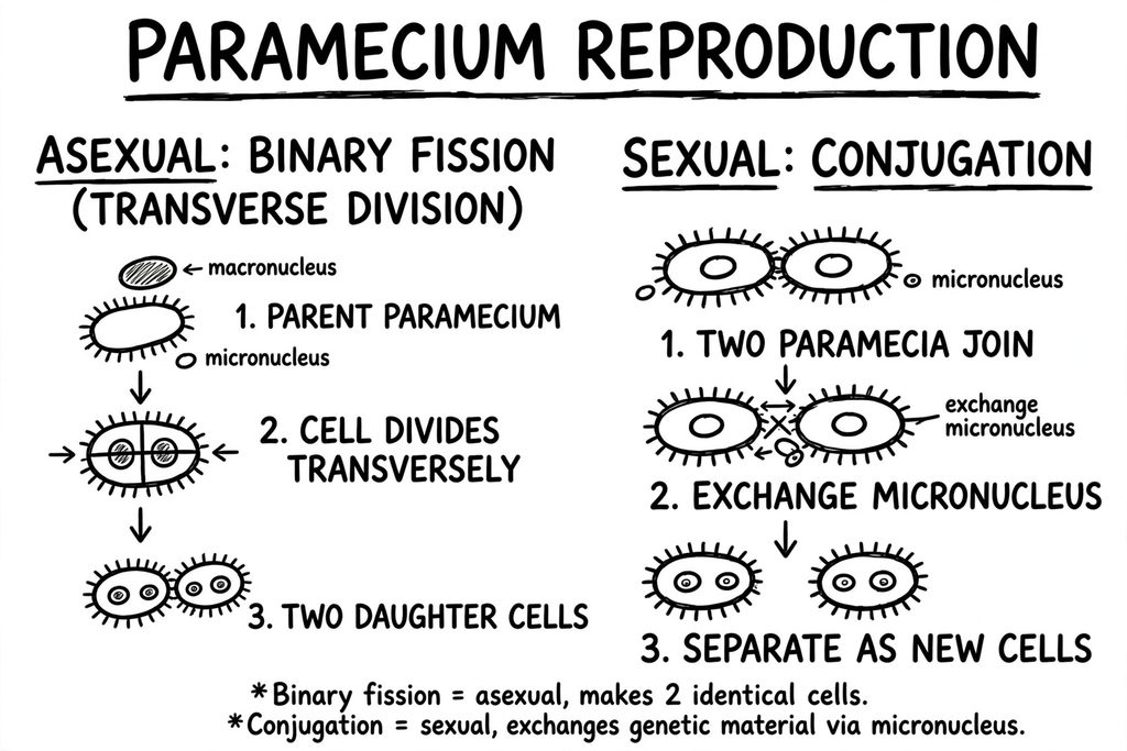 Reproduction in Paramecium diagram showing binary fission and conjugation