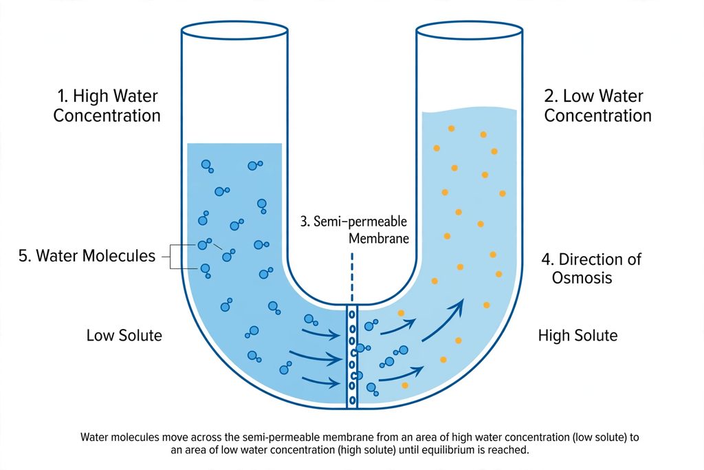 Osmosis in biology diagram showing water movement through semi-permeable membrane