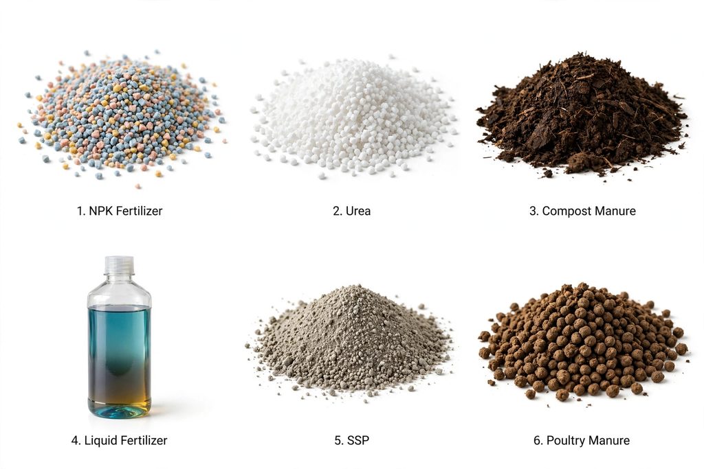 Types of fertilizers grid - NPK, urea, compost, liquid and animal manure