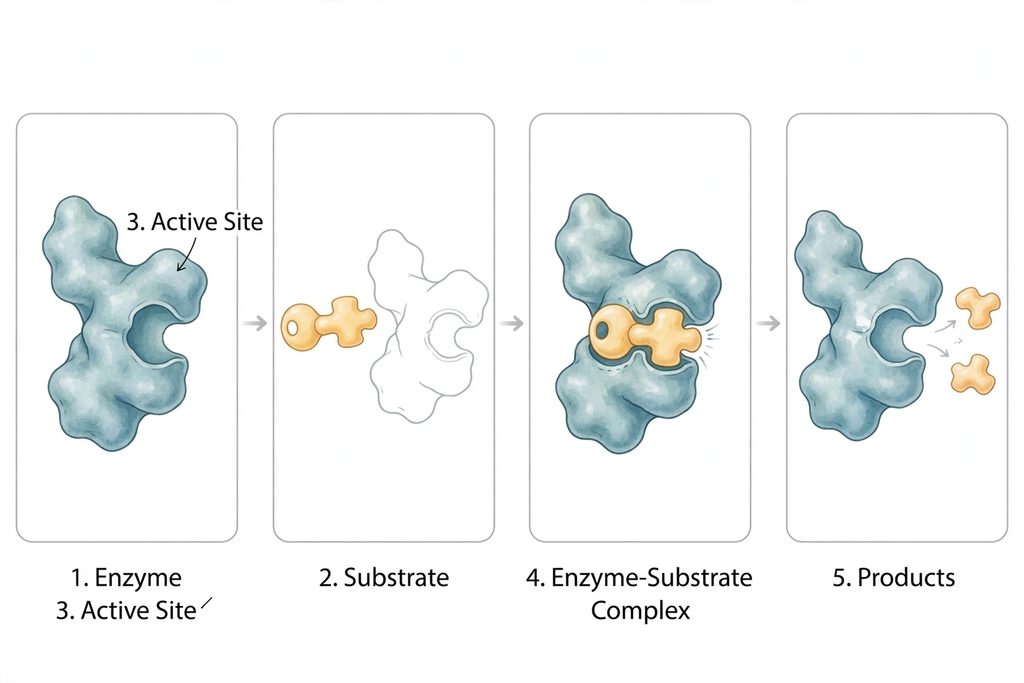 Enzymes in Biology: action diagram showing substrate binding to active site